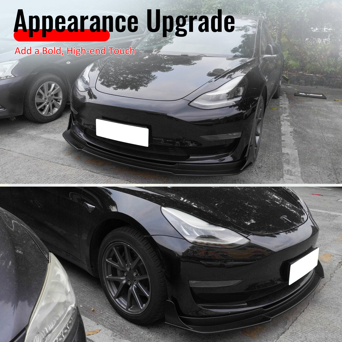 Fits 17-23 Tesla Model 3 IKON V4 3PCS Front Lip w/ V1 Style Winglets ABS