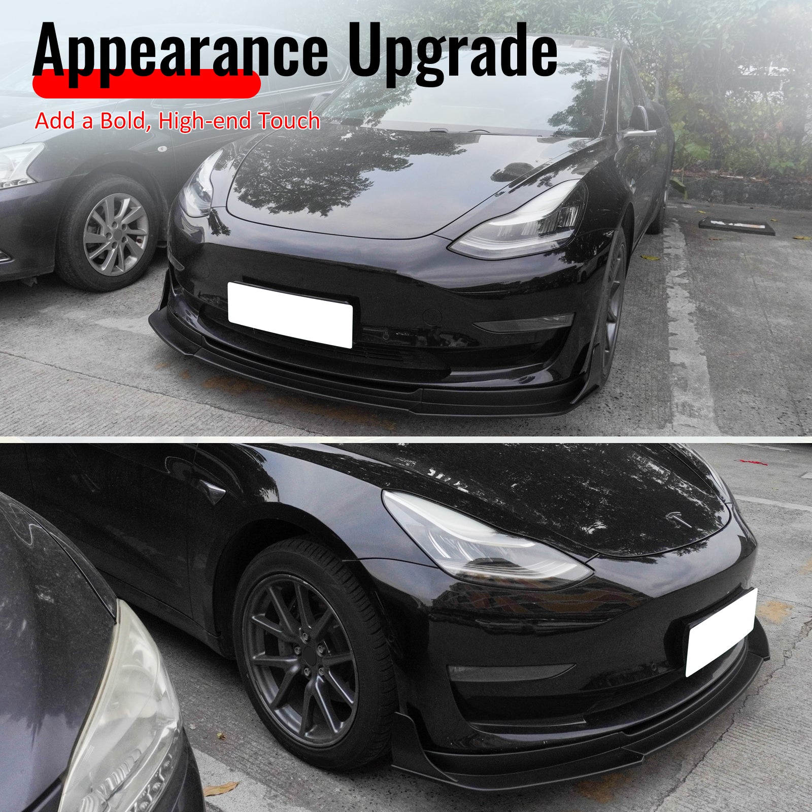 Fits 17-23 Tesla Model 3 IKON V4 3PCS Front Lip w/ V1 Style Winglets ABS