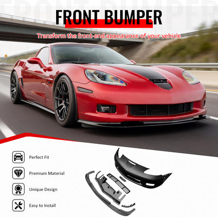 IKON MOTORSPORTS Front Bumper Cover with Carbon Fiber Print Lip, Compatible with 2006-2013 Chevrolet Corvette 427/Grand Sport/Z06/ZR1, Z06 Style Unpainted Black PP Replacement Conversion Bodykit