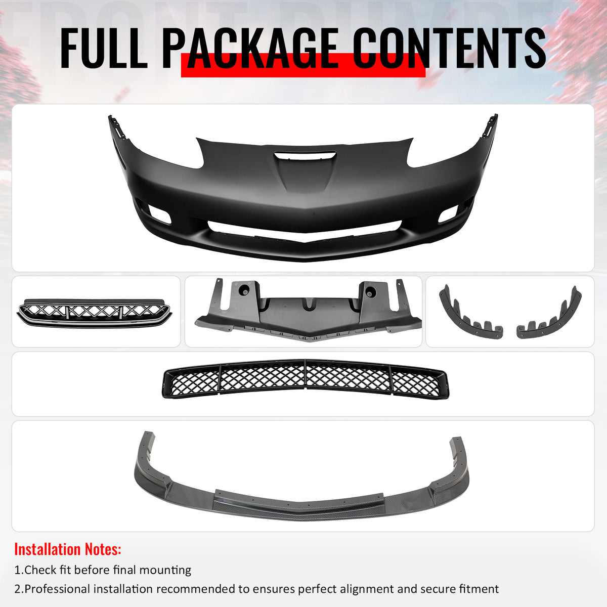 Fits 06-13 Corvette C6 Front Bumper Cover Z06 Style w/ Carbon Fiber Print Lip