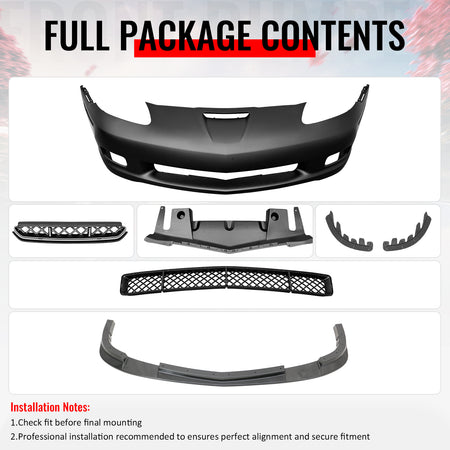 Fits 06-13 Corvette C6 Front Bumper Cover Z06 Style w/ Carbon Fiber Print Lip