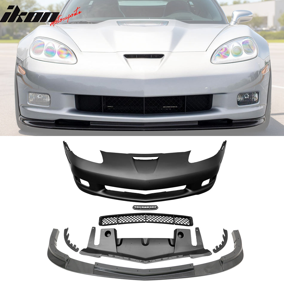 2006-2013 Corvette Z06 Style Front Bumper Cover w/ Carbon Fiber Print Lip