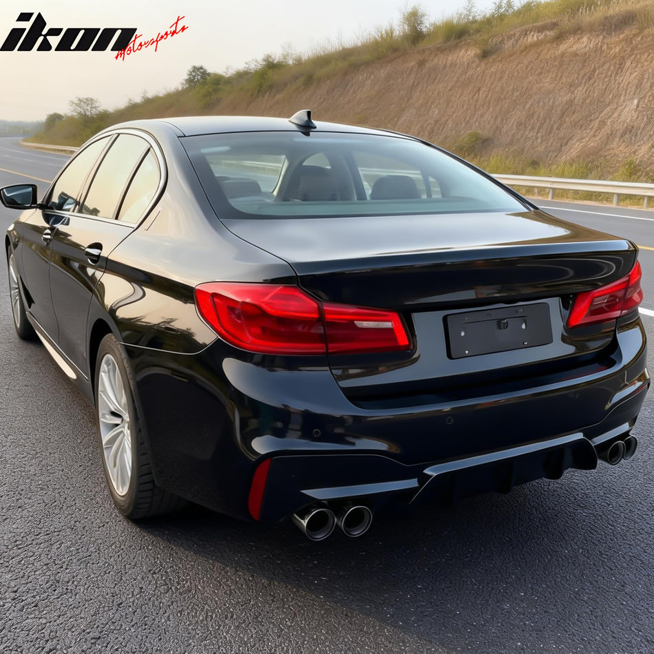 IKON MOTORSPORTS Rear Diffuser w/ Silver Quad Exhaust, Compatible with 2017-2020 BMW 5 Series G30 Pre-LCI M Sport, M5 Competition Style Gloss Black PP Bumper Valance Spoiler Shark Fin, 3PCS