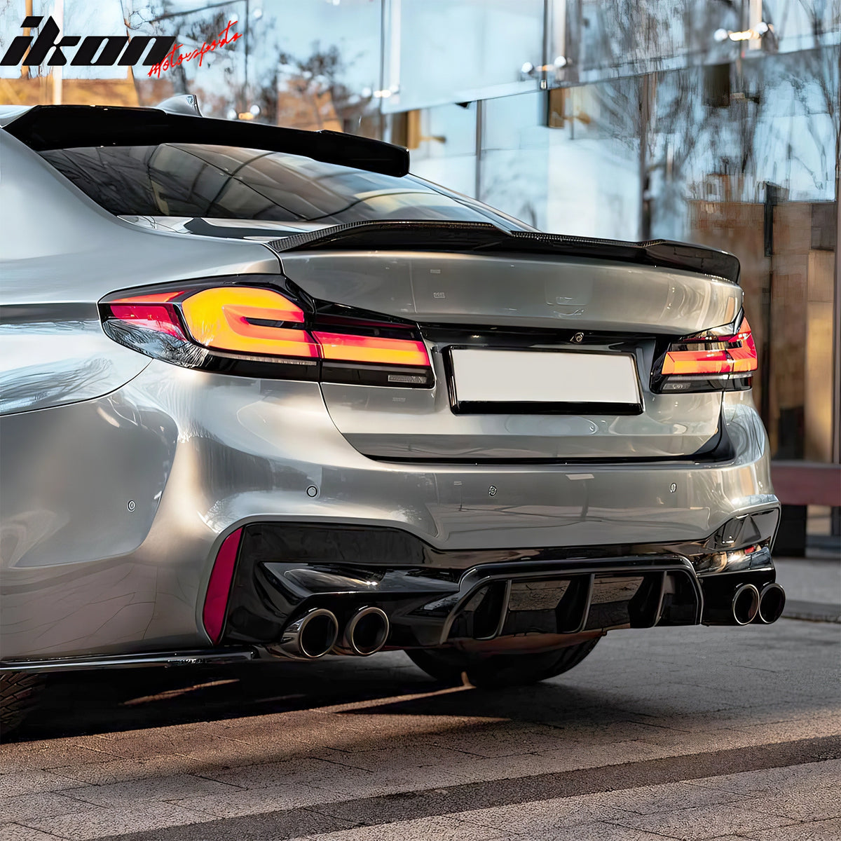 For 17-20 BMW G30 Competition Style Gloss Black Rear Diffuser Silver Exhaust Tip