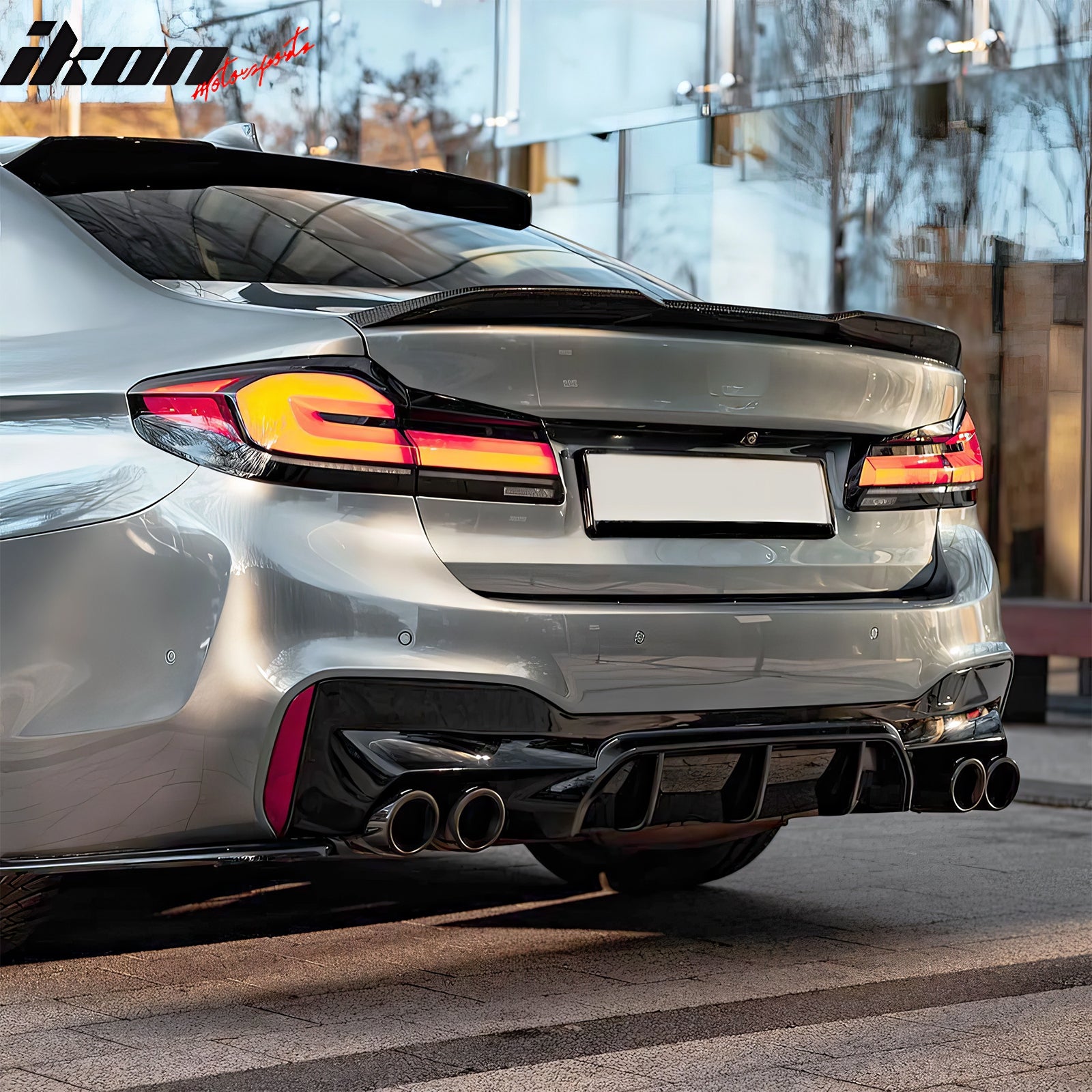 For 17-20 BMW G30 Competition Style Gloss Black Rear Diffuser Silver Exhaust Tip