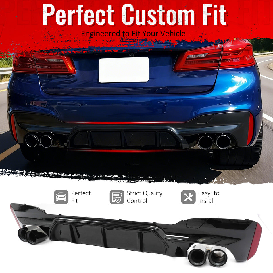 IKON MOTORSPORTS Rear Diffuser w/ Black Quad Exhaust, Compatible with 2017-2020 BMW 5 Series G30 Pre-LCI M Sport, M5 Competition Style Gloss Black PP Bumper Valance Spoiler Shark Fin, 3PCS