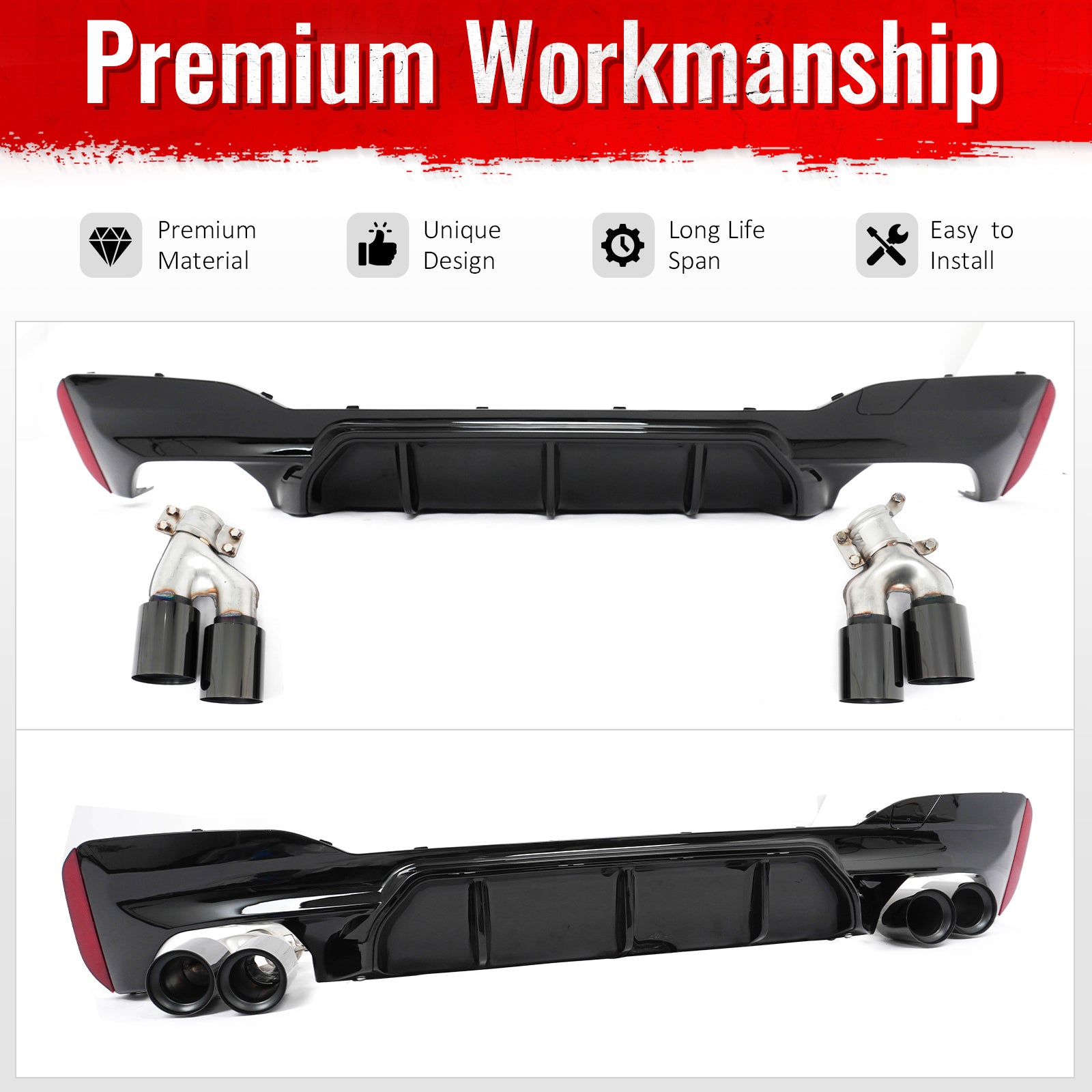 For 17-20 BMW G30 Competition Style Gloss Black Rear Diffuser Black Exhaust Tips