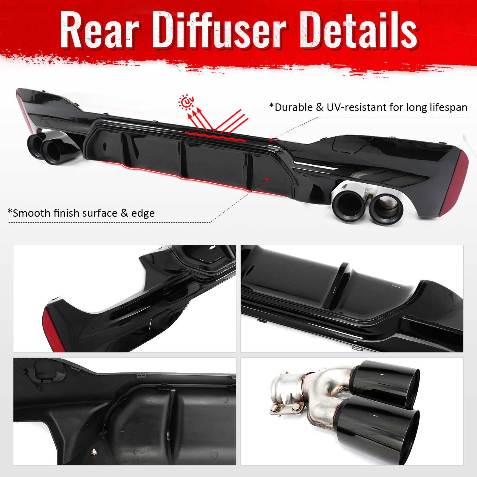 For 17-20 BMW G30 Competition Style Gloss Black Rear Diffuser Black Exhaust Tips