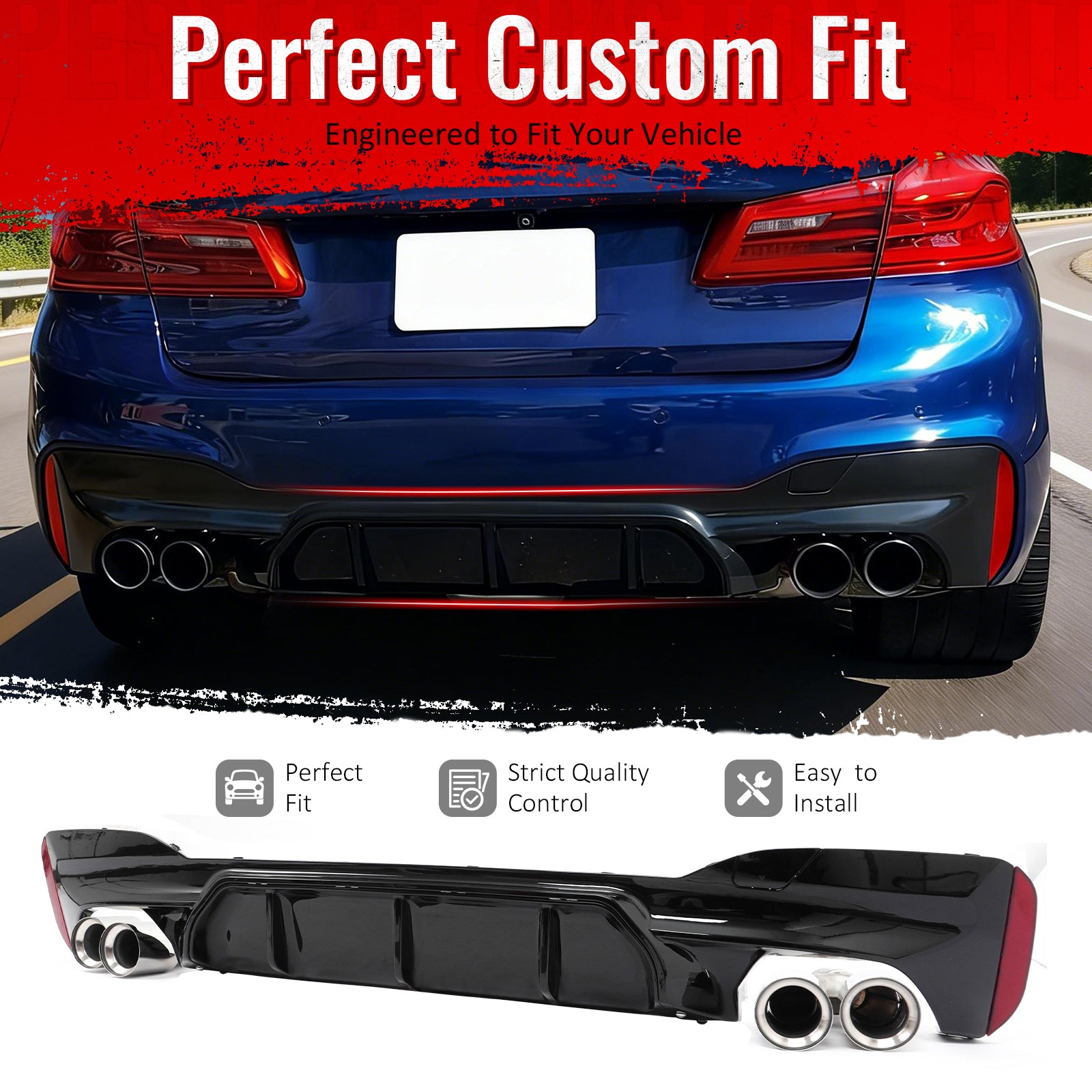 IKON MOTORSPORTS Rear Diffuser w/ Silver Quad Exhaust, Compatible with 2021-2023 BMW 5 Series G30 LCI M Sport, M5 Competition Style Gloss Black PP Bumper Valance Spoiler Shark Fin, 3PCS