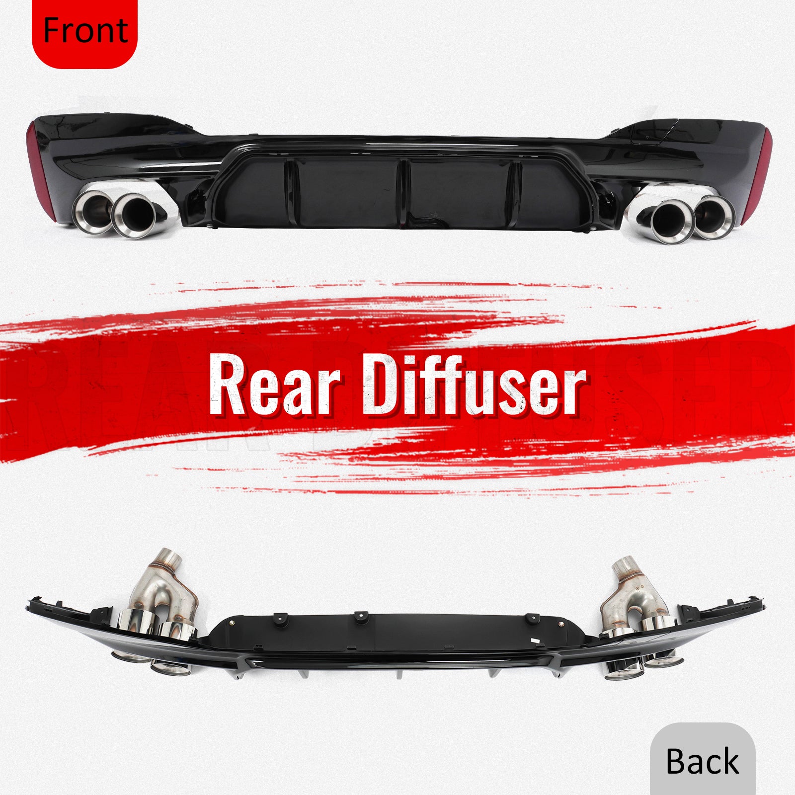 For 21-23 BMW G30 Competition Style Gloss Black Rear Diffuser Silver Exhaust Tip