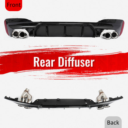 For 21-23 BMW G30 Competition Style Gloss Black Rear Diffuser Silver Exhaust Tip