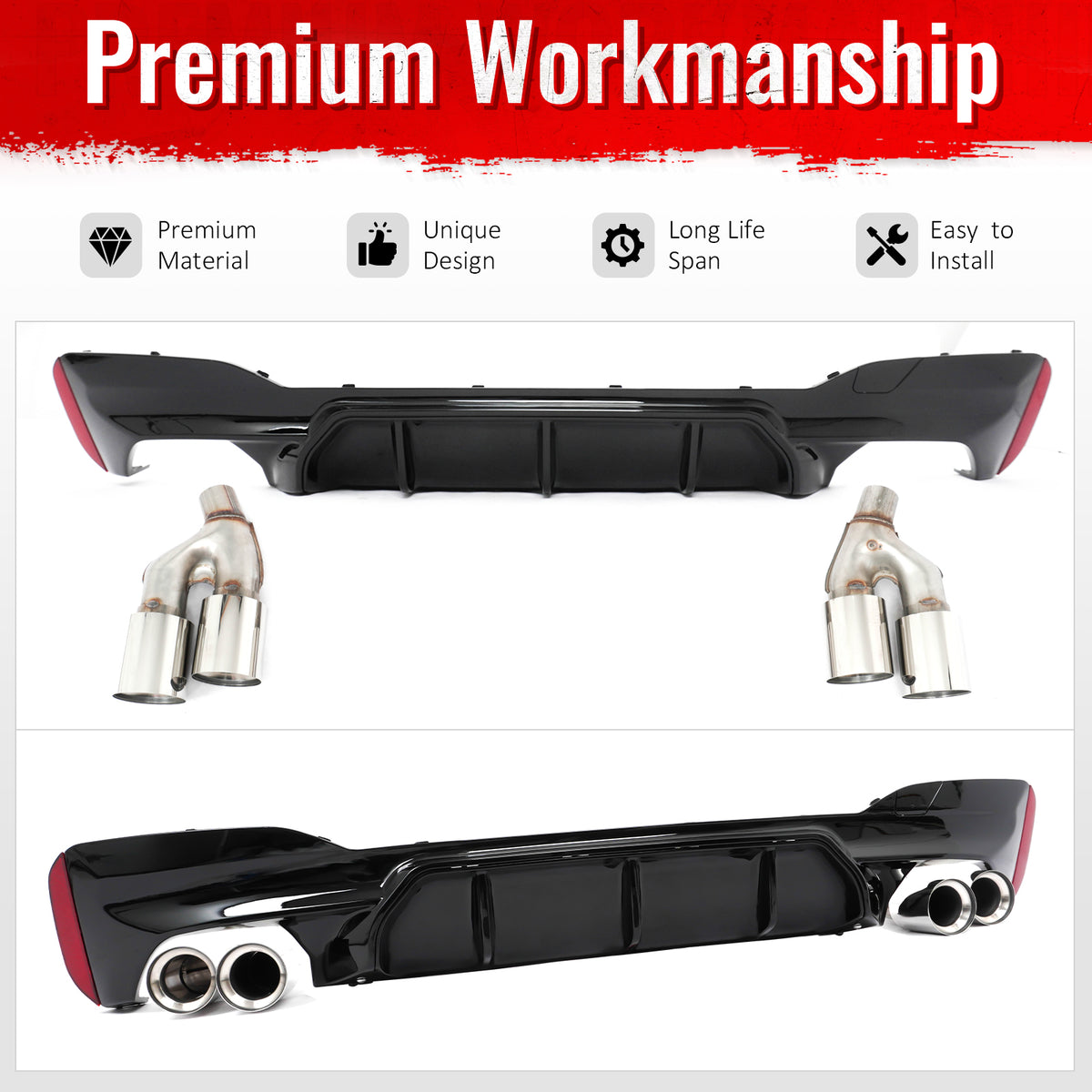 For 21-23 BMW G30 Competition Style Gloss Black Rear Diffuser Silver Exhaust Tip