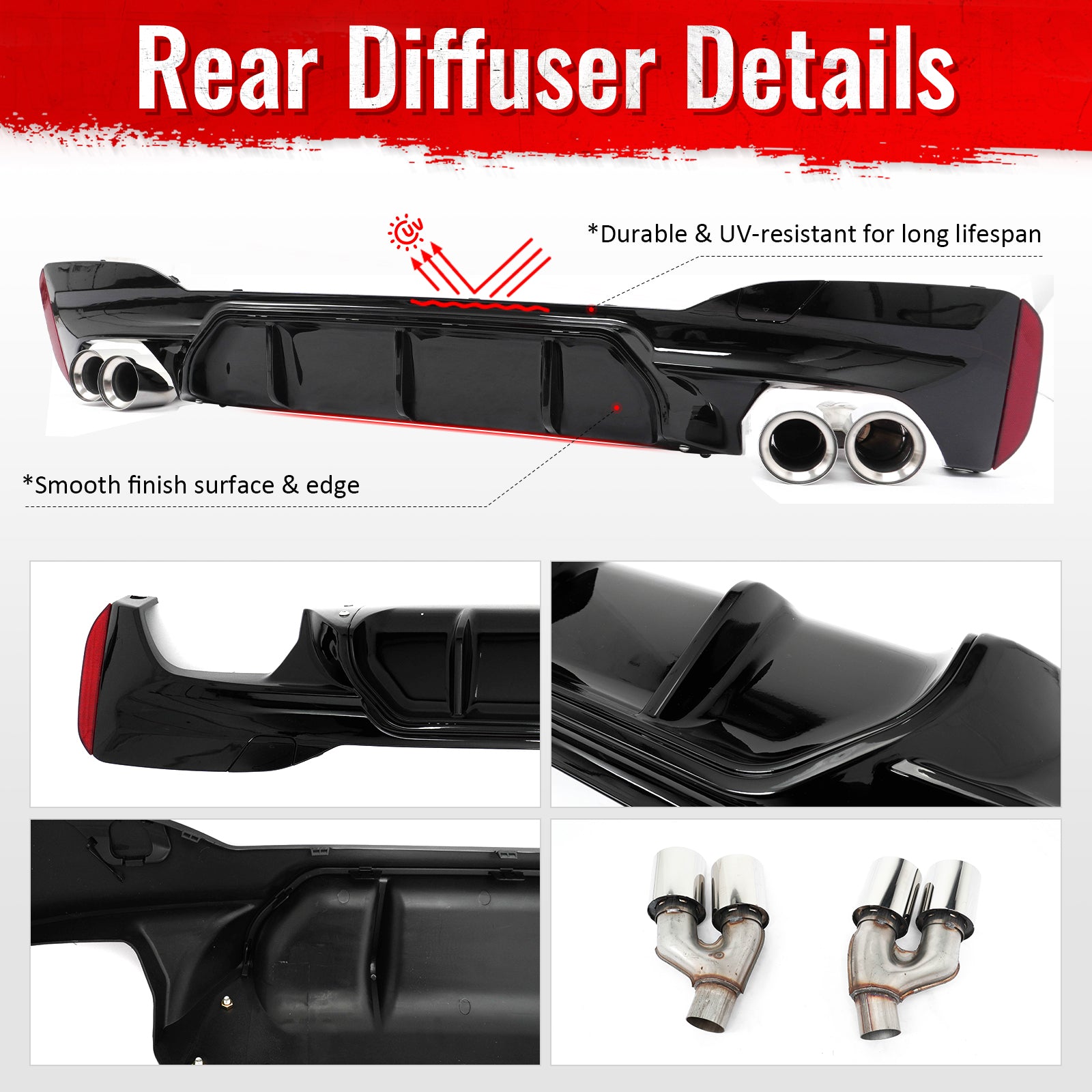 For 21-23 BMW G30 Competition Style Gloss Black Rear Diffuser Silver Exhaust Tip