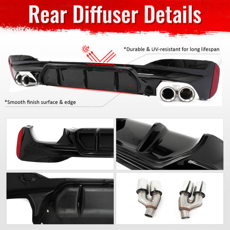 For 21-23 BMW G30 Competition Style Gloss Black Rear Diffuser Silver Exhaust Tip