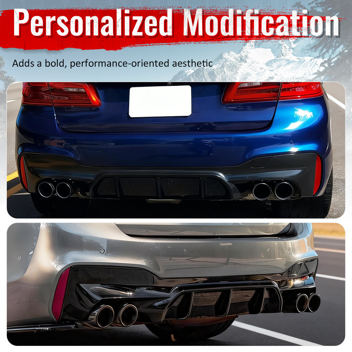 For 21-23 BMW G30 Competition Style Gloss Black Rear Diffuser Silver Exhaust Tip