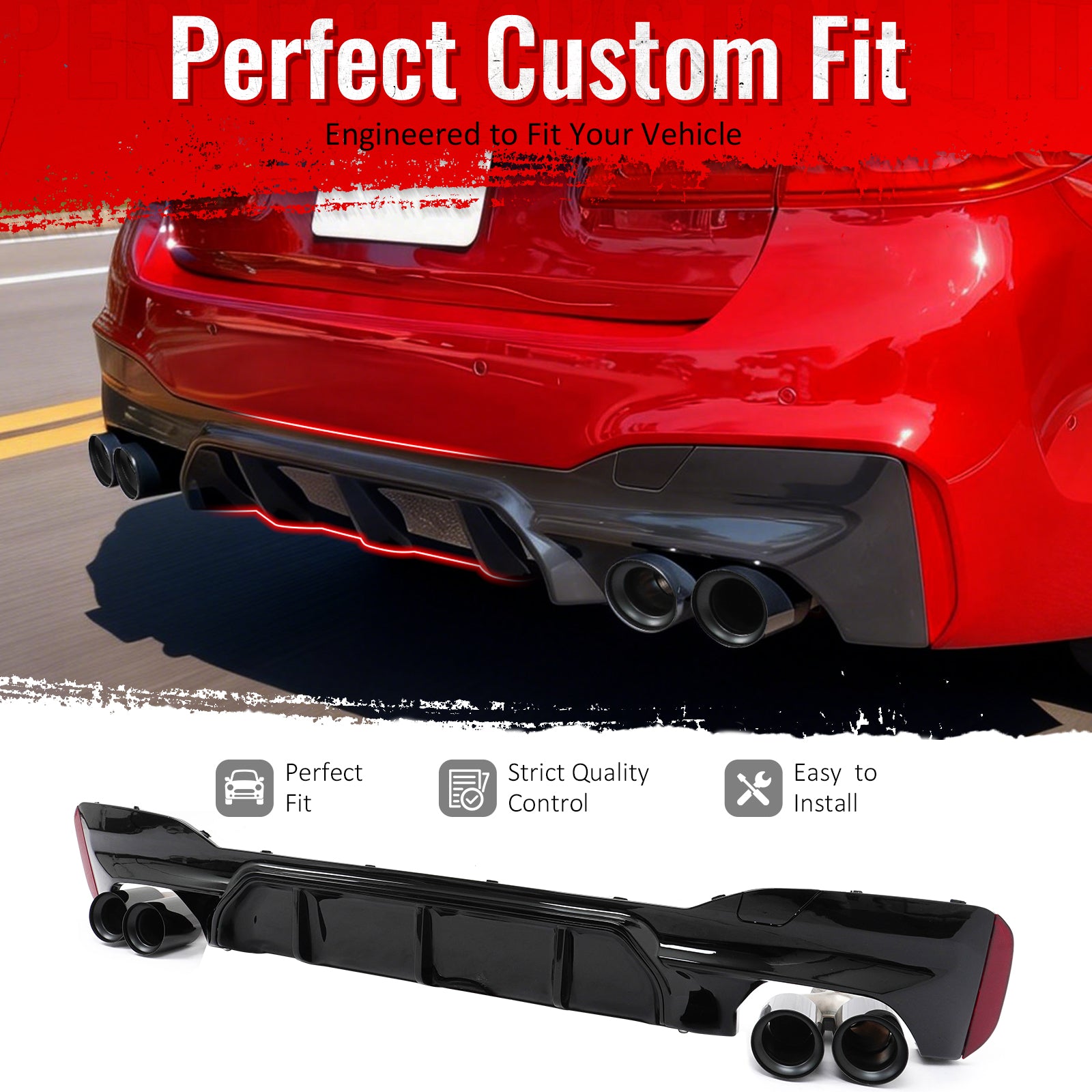 IKON MOTORSPORTS Rear Diffuser w/ Black Quad Exhaust, Compatible with 2021-2023 BMW 5 Series G30 LCI M Sport, M5 Competition Style Gloss Black PP Bumper Valance Spoiler Shark Fin, 3PCS