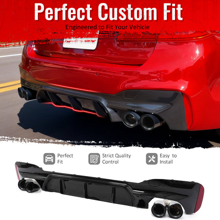 IKON MOTORSPORTS Rear Diffuser w/ Black Quad Exhaust, Compatible with 2021-2023 BMW 5 Series G30 LCI M Sport, M5 Competition Style Gloss Black PP Bumper Valance Spoiler Shark Fin, 3PCS