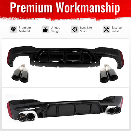 For 21-23 BMW G30 Competition Style Gloss Black Rear Diffuser Black Exhaust Tips