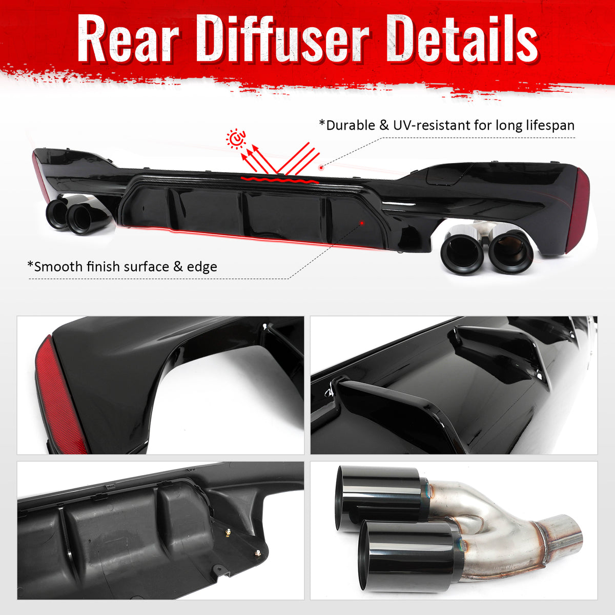 For 21-23 BMW G30 Competition Style Gloss Black Rear Diffuser Black Exhaust Tips