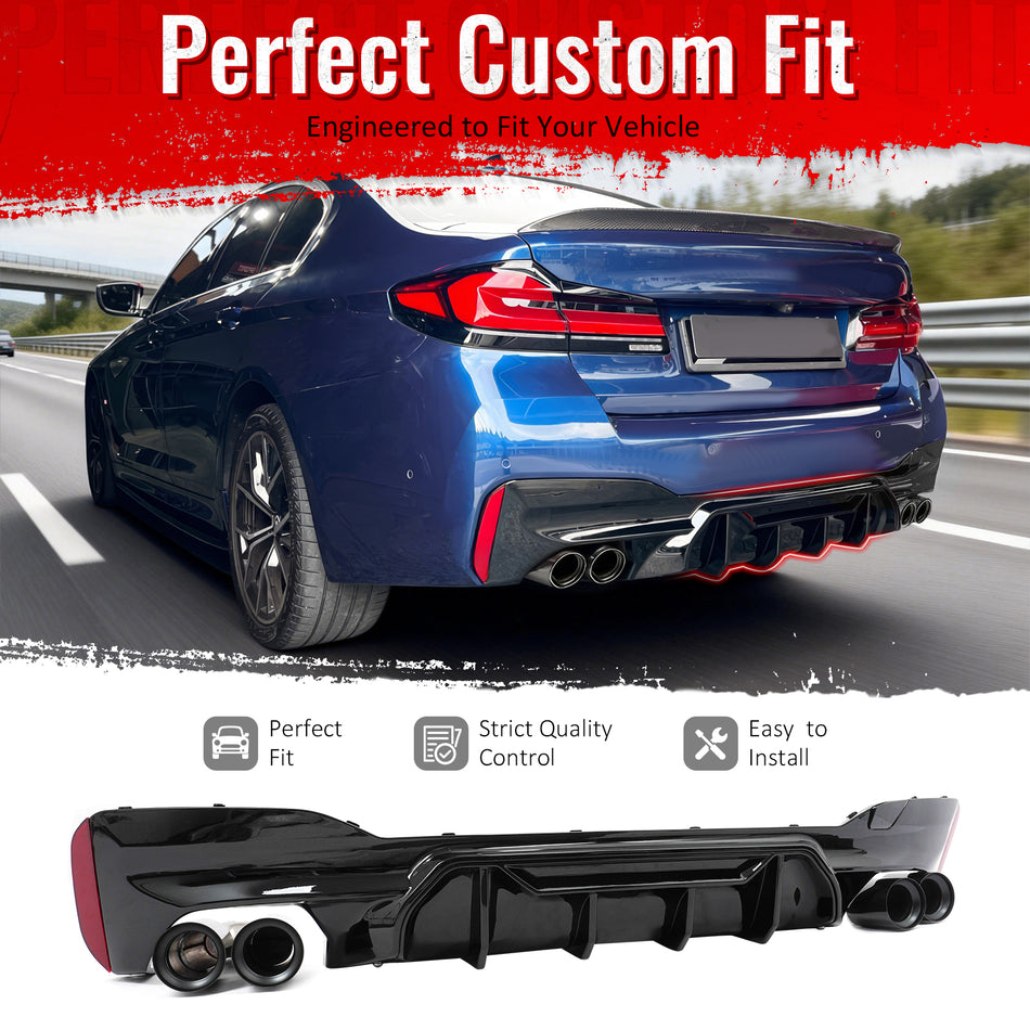 IKON MOTORSPORTS Rear Diffuser w/ Black Quad Exhaust, Compatible with 2021-2023 BMW 5 Series G30 LCI M Sport, M5 M-Perfermance Style Gloss Black PP Bumper Valance Spoiler Shark Fin, 3PCS