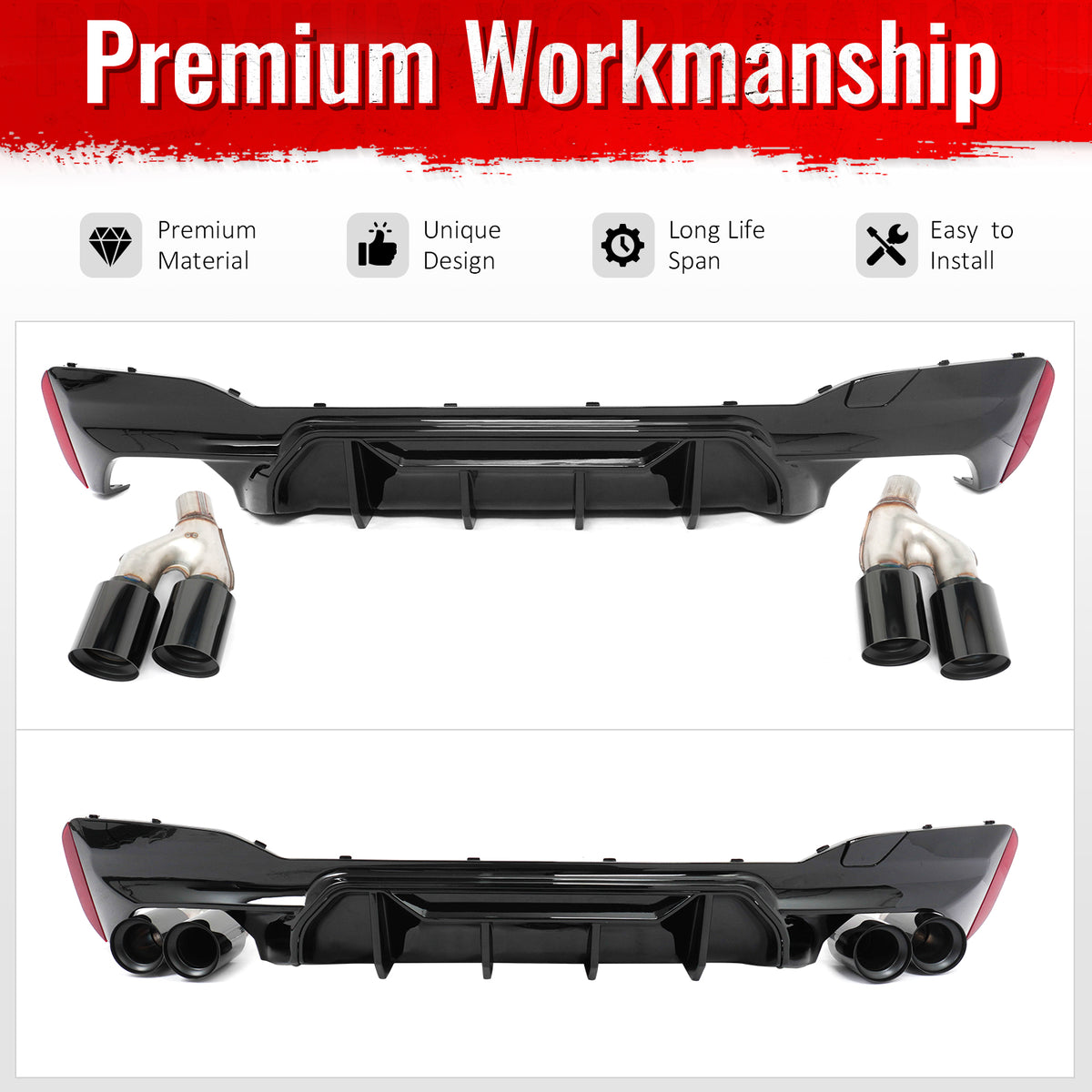 Fits 21-23 BMW G30 Gloss Black Rear Diffuser M5 MP Style + Black Quad Exhaust