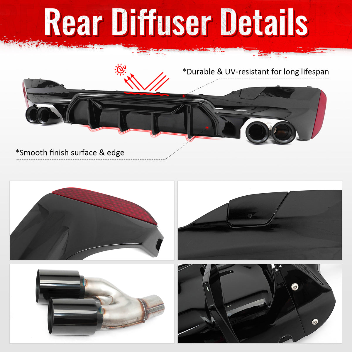 Fits 21-23 BMW G30 Gloss Black Rear Diffuser M5 MP Style + Black Quad Exhaust