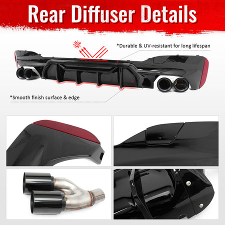 Fits 21-23 BMW G30 Gloss Black Rear Diffuser M5 MP Style + Black Quad Exhaust