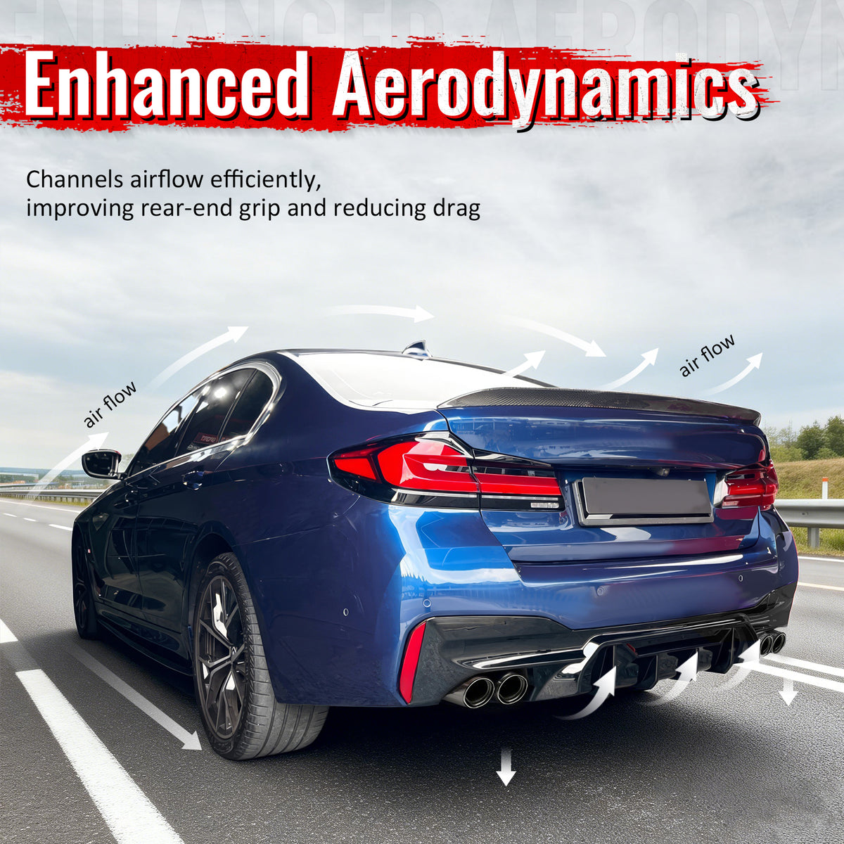 Fits 21-23 BMW G30 Gloss Black Rear Diffuser M5 MP Style + Black Quad Exhaust