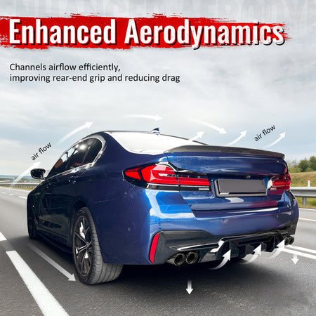 Fits 21-23 BMW G30 Gloss Black Rear Diffuser M5 MP Style + Black Quad Exhaust