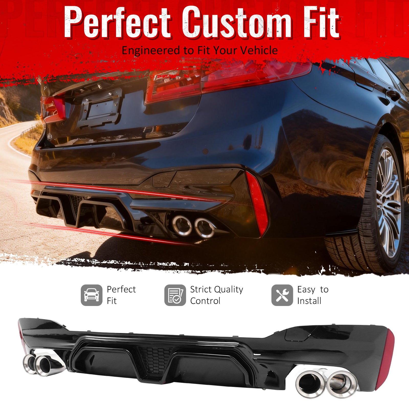 IKON MOTORSPORTS Rear Diffuser w/ Silver Quad Exhaust, Compatible with 2017-2020 BMW 5 Series G30 Pre-LCI M Sport, M5 CS Style Gloss Black PP Bumper Valance Spoiler Shark Fin, 3PCS