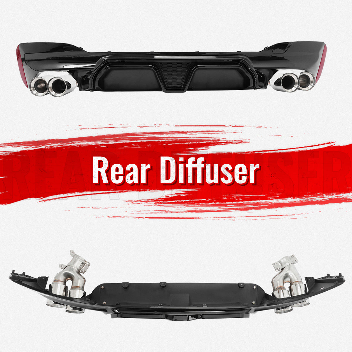 Fits 17-20 BMW G30 Gloss Black Rear Diffuser M5 CS Style + Silver Quad Exhaust