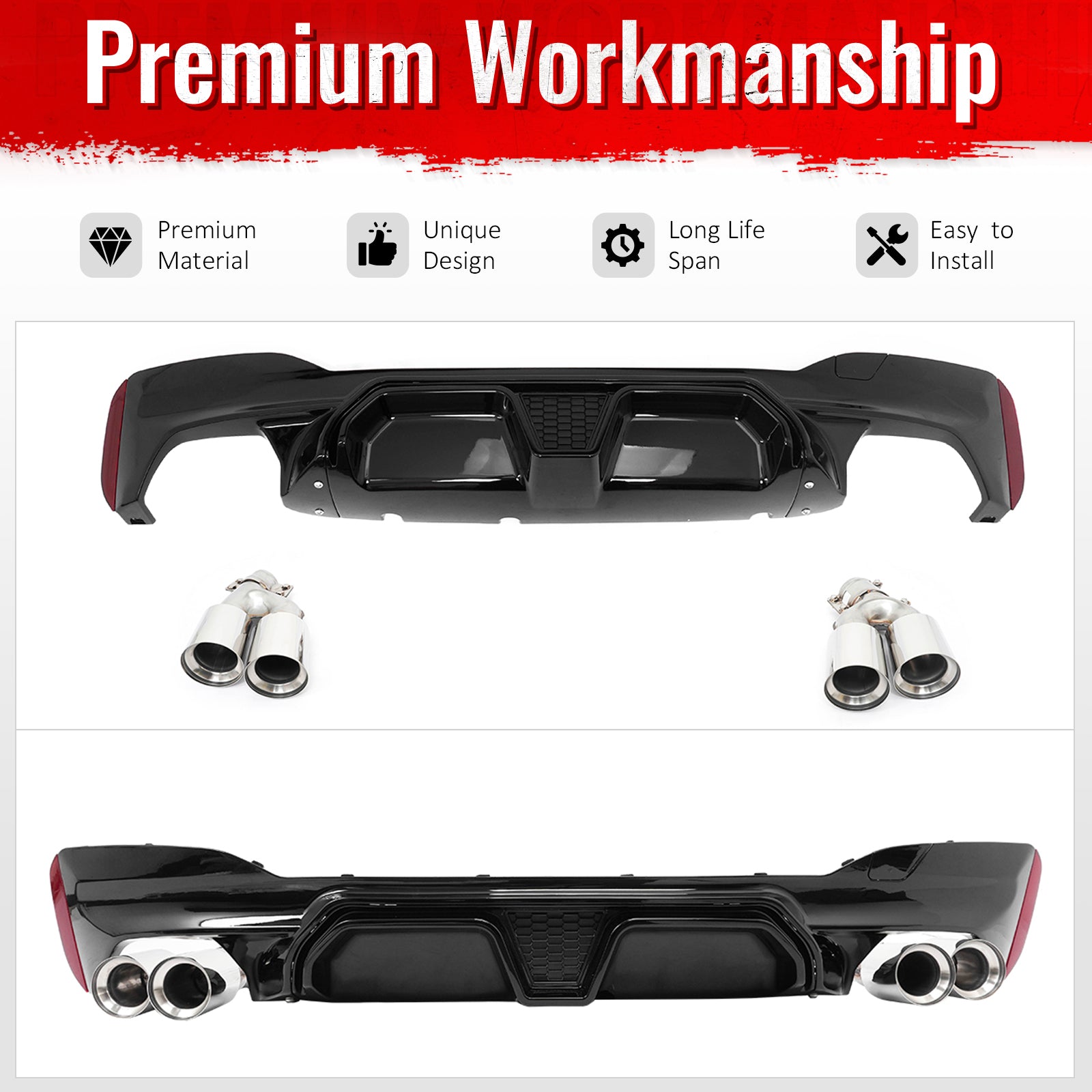 Fits 17-20 BMW G30 Gloss Black Rear Diffuser M5 CS Style + Silver Quad Exhaust