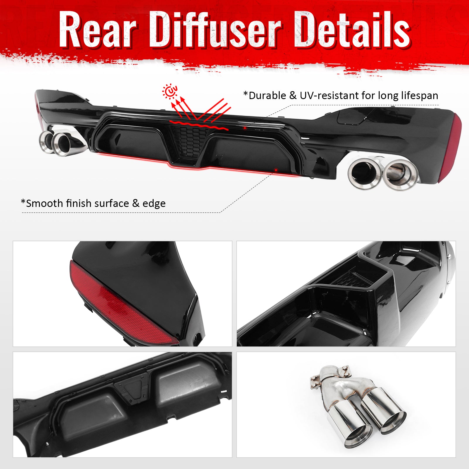 Fits 17-20 BMW G30 Gloss Black Rear Diffuser M5 CS Style + Silver Quad Exhaust