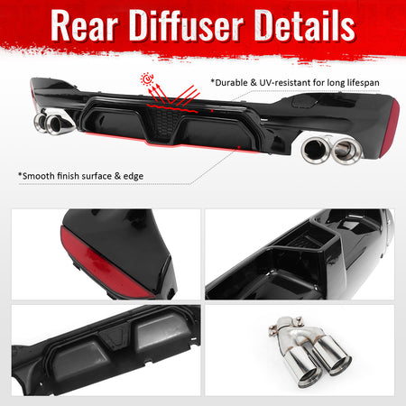 Fits 17-20 BMW G30 Gloss Black Rear Diffuser M5 CS Style + Silver Quad Exhaust