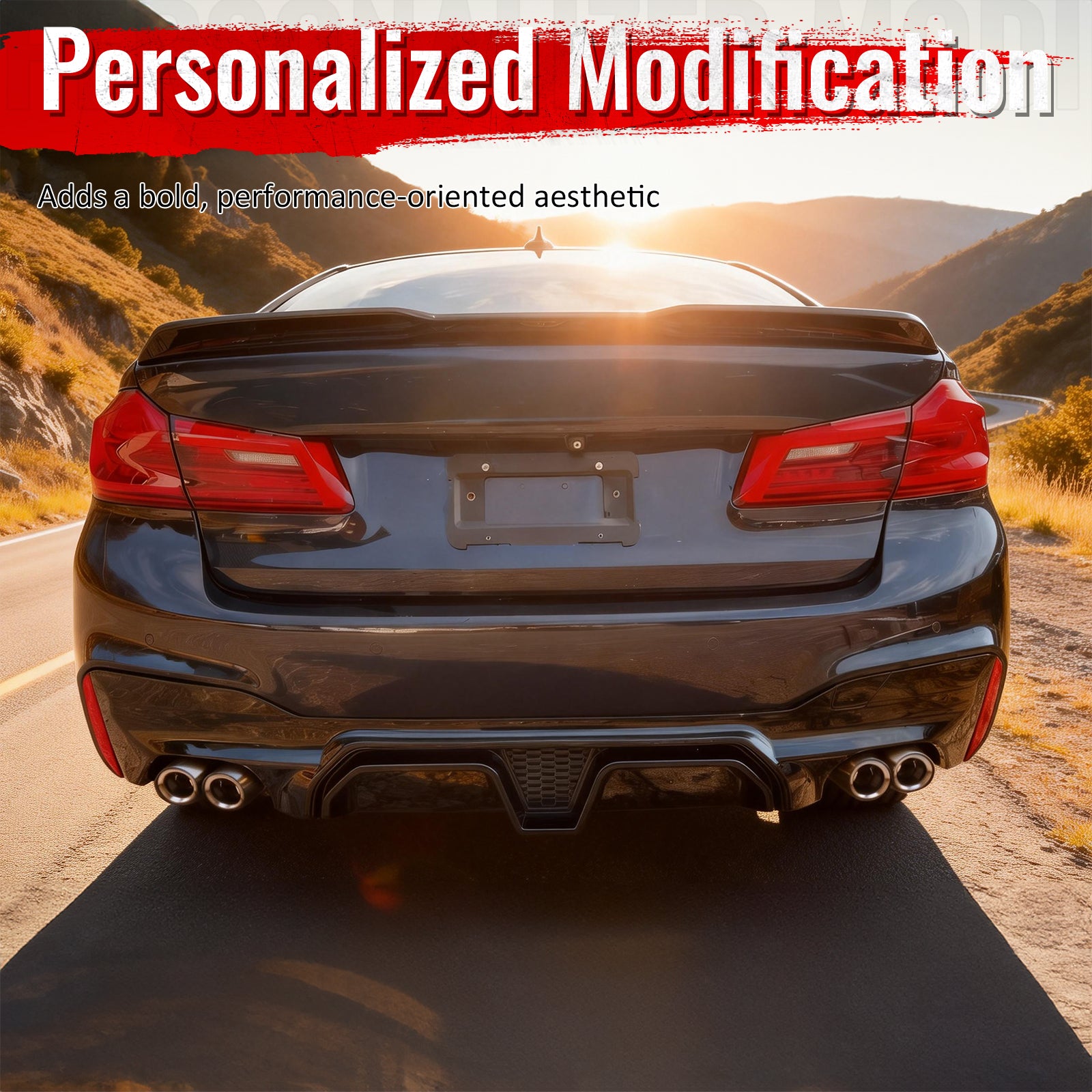 Fits 17-20 BMW G30 Gloss Black Rear Diffuser M5 CS Style + Silver Quad Exhaust