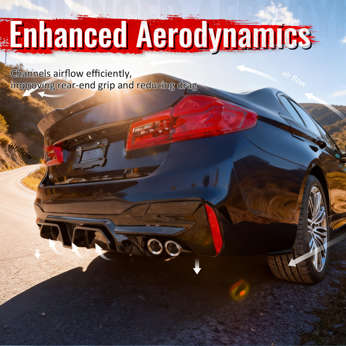 Fits 17-20 BMW G30 Gloss Black Rear Diffuser M5 CS Style + Silver Quad Exhaust