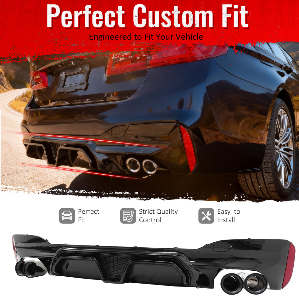 IKON MOTORSPORTS Rear Diffuser w/ Black Quad Exhaust, Compatible with 2017-2020 BMW 5 Series G30 Pre-LCI M Sport, M5 CS Style Gloss Black PP Bumper Valance Spoiler Shark Fin, 3PCS