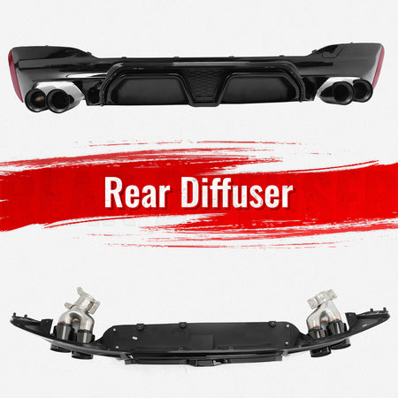 Fits 17-20 BMW G30 Gloss Black Rear Diffuser M5 CS Style + Black Quad Exhaust