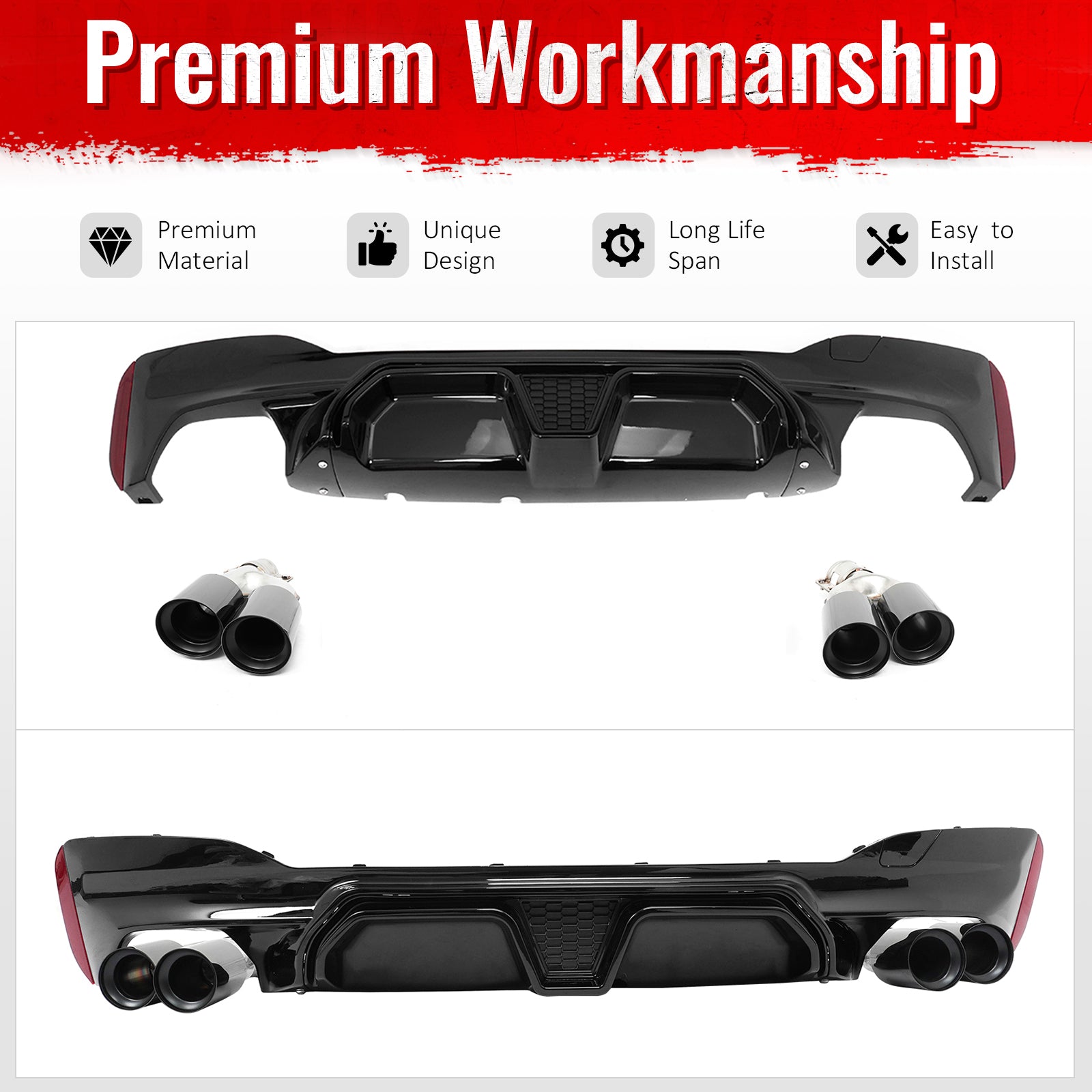 Fits 17-20 BMW G30 Gloss Black Rear Diffuser M5 CS Style + Black Quad Exhaust
