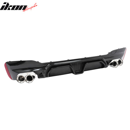 IKON MOTORSPORTS Rear Diffuser w/ Silver Quad Exhaust, Compatible with 2021-2023 BMW 5 Series G30 LCI M Sport, M5 CS Style Gloss Black PP Bumper Valance Spoiler Shark Fin, 3PCS