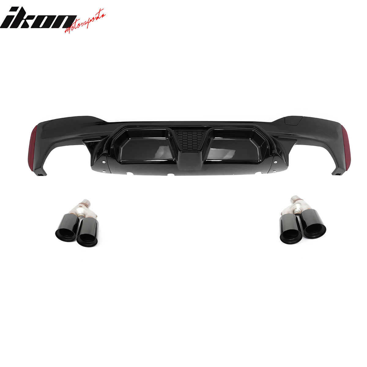 IKON MOTORSPORTS Rear Diffuser w/ Black Quad Exhaust, Compatible with 2021-2023 BMW 5 Series G30 LCI M Sport, M5 CS Style Gloss Black PP Bumper Valance Spoiler Shark Fin, 3PCS
