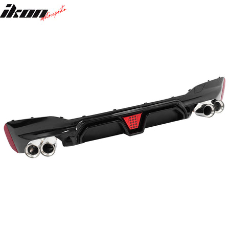 IKON MOTORSPORTS Rear Diffuser w/ LED Light& Silver Quad Exhaust, Compatible with 2017-2020 BMW 5 Series G30 Pre-LCI M Sport, M5 CS Style Gloss Black PP Bumper Valance Spoiler Shark Fin, 3PCS