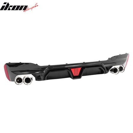 IKON MOTORSPORTS Rear Diffuser w/ LED Light& Silver Quad Exhaust, Compatible with 2021-2023 BMW 5 Series G30 LCI M Sport, M5 CS Style Gloss Black PP Bumper Valance Spoiler Shark Fin, 3PCS
