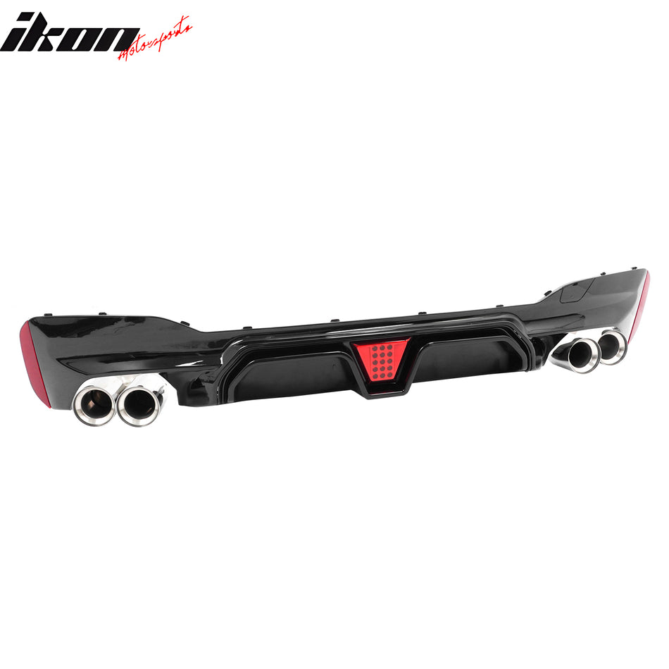 IKON MOTORSPORTS Rear Diffuser w/ LED Light& Silver Quad Exhaust, Compatible with 2021-2023 BMW 5 Series G30 LCI M Sport, M5 CS Style Gloss Black PP Bumper Valance Spoiler Shark Fin, 3PCS