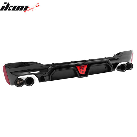 IKON MOTORSPORTS Rear Diffuser w/ LED Light& Black Quad Exhaust, Compatible with 2021-2023 BMW 5 Series G30 LCI M Sport, M5 CS Style Gloss Black PP Bumper Valance Spoiler Shark Fin, 3PCS