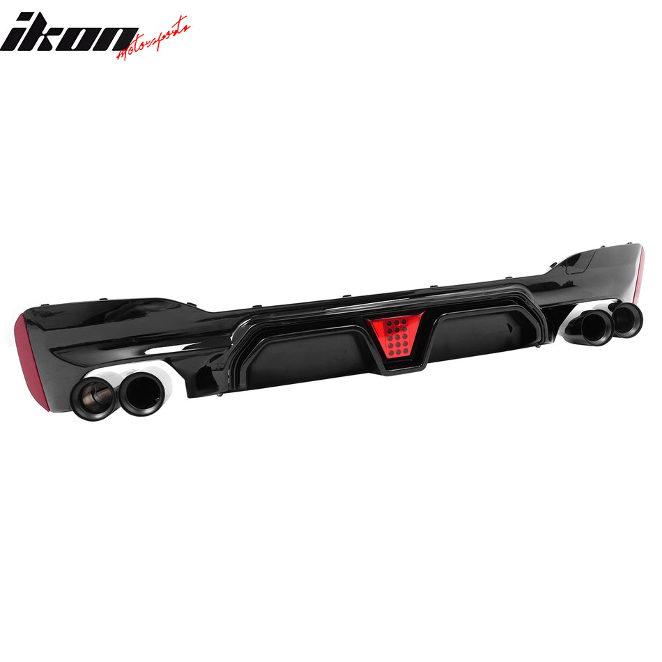 IKON MOTORSPORTS Rear Diffuser w/ LED Light& Black Quad Exhaust, Compatible with 2021-2023 BMW 5 Series G30 LCI M Sport, M5 CS Style Gloss Black PP Bumper Valance Spoiler Shark Fin, 3PCS