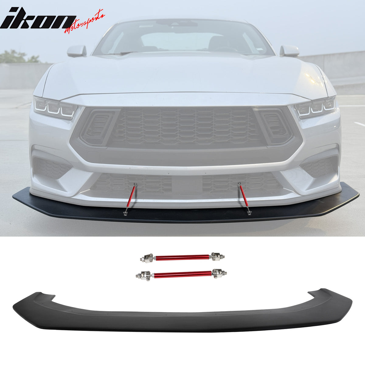 Fits 24-26 Ford Mustang Ecoboost& GT IKON Front Splitter w/ Stainless Steel Rods