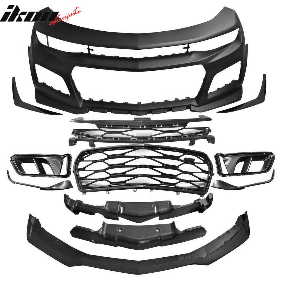 IKON MOTORSPORTS, Front Bumper Compatible With 2019-2024 Chevy Camaro RS SS 1SS 2SS W/Signature Headlights, Unpainted PP Bumper Cover Conversion Guard W/Lip Grille + ABS Gloss Black Canards Bodykit