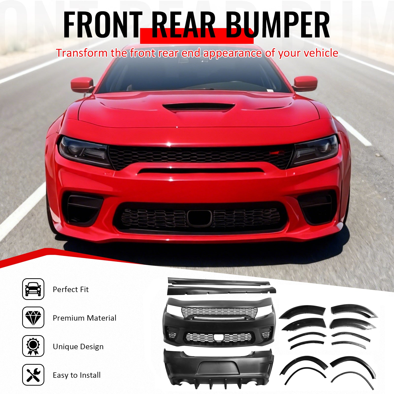 IKON MOTORSPORTS Front & Rear Bumper Cover, Compatible with 2015-2023 Dodge Charger, Widebody Style Unpainted Black PP Replacement Bumper Conversion with Fender Flares, Side Skirts and Diffuser Lip