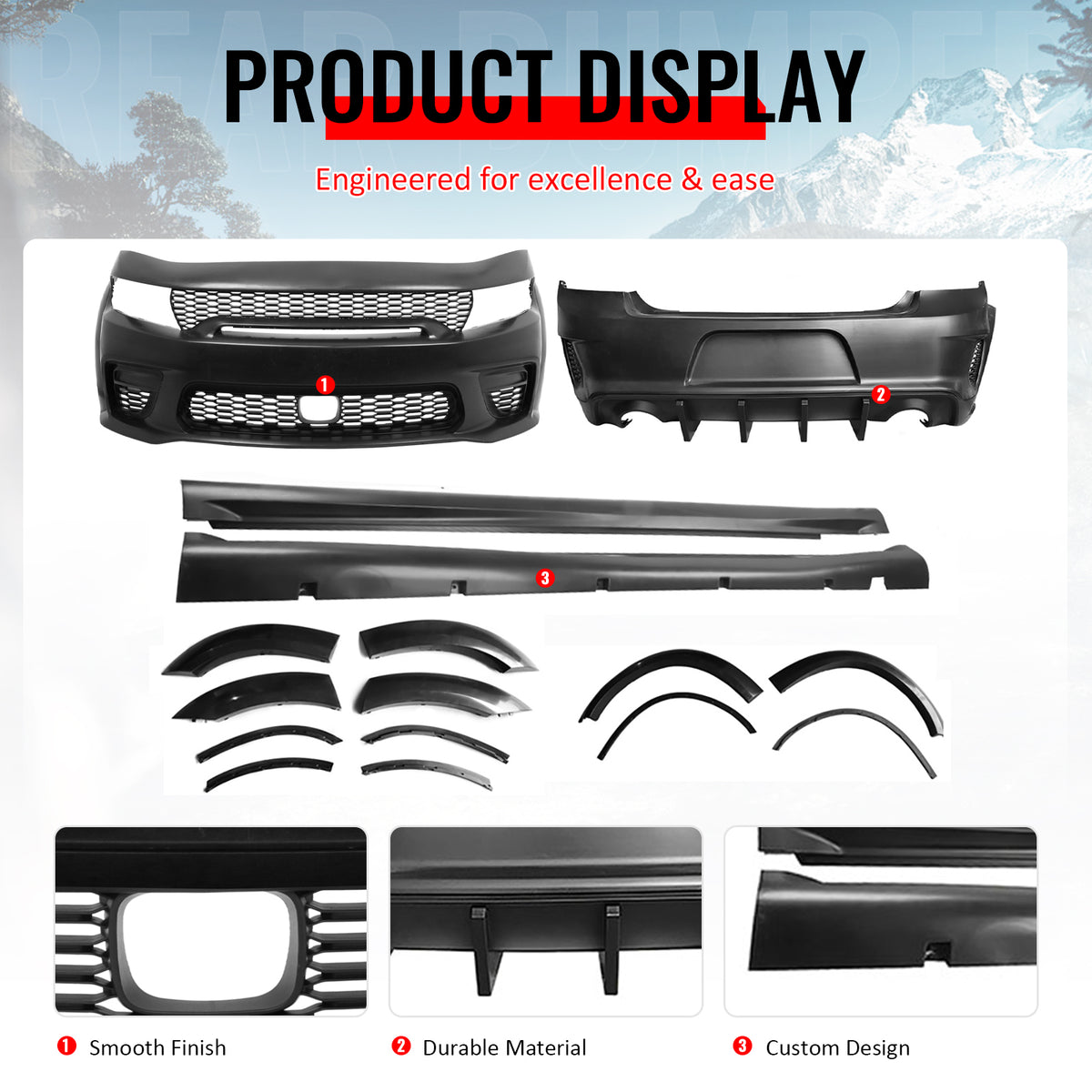 Fits 15-23 Dodge Charger Front Rear Bumper Conversion with Side Skirts/Diffuser